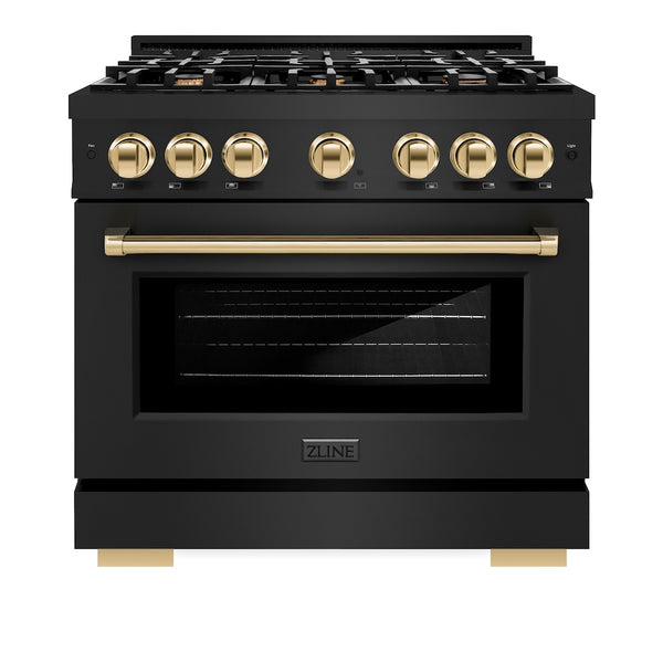 ZLINE Autograph Edition 36 in. 5.2 cu. ft. Select Dual Fuel Range with 6 Burner Gas Cooktop and Electric Convection Oven in Black Stainless Steel with Polished Gold Accents, Open Box-Great Condition