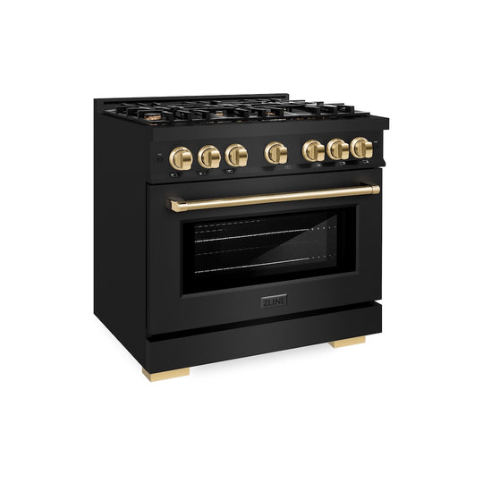 ZLINE Autograph Edition 36 in. 5.2 cu. ft. Select Dual Fuel Range with 6 Burner Gas Cooktop and Electric Convection Oven in Black Stainless Steel with Polished Gold Accents, Open Box-Great Condition