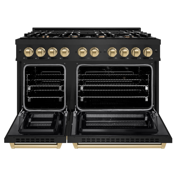 ZLINE Autograph Edition 48 in. 6.7 cu. ft. Select Double Oven Dual Fuel Range with 8 Burner Gas Cooktop in Black Stainless Steel and Champagne Bronze Accents, Open Box-Great Condition