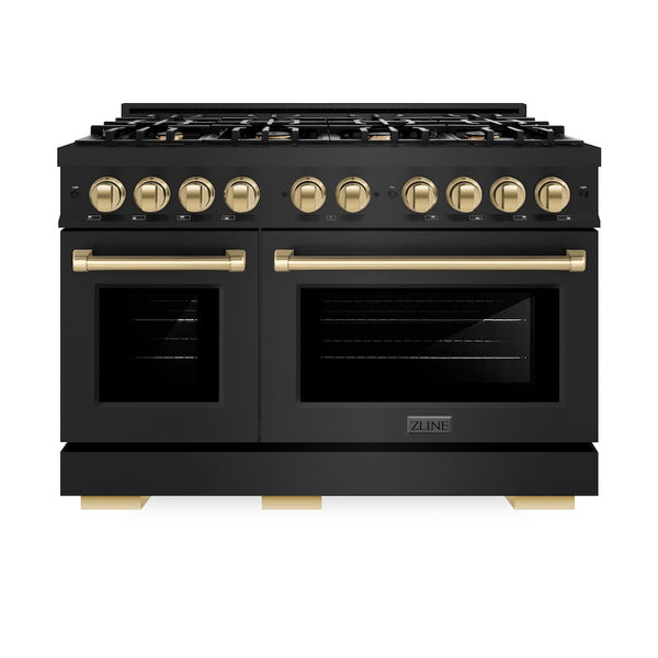 ZLINE Autograph Edition 48 in. 6.7 cu. ft. Select Double Oven Dual Fuel Range with 8 Burner Gas Cooktop in Black Stainless Steel and Champagne Bronze Accents, Open Box-Great Condition