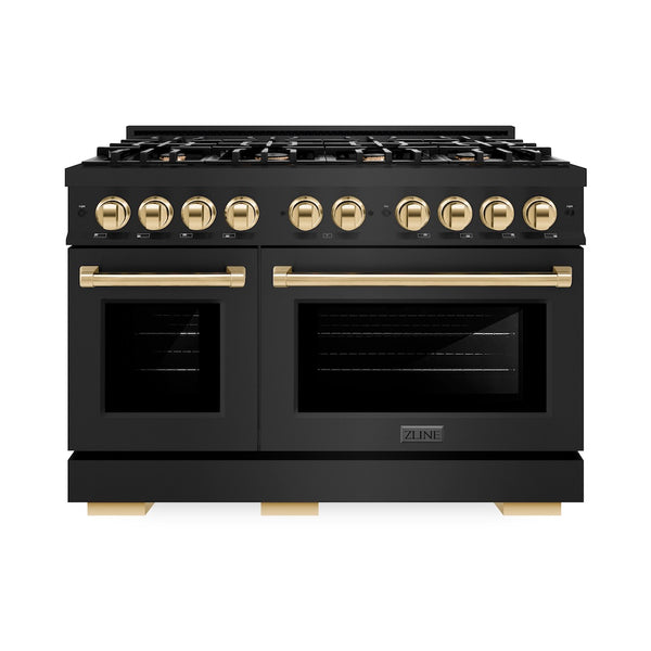 ZLINE Autograph Edition 48 in. 6.7 cu. ft. Select Double Oven Dual Fuel Range with 8 Burner Gas Cooktop in Black Stainless Steel and Polished Gold Accents, Open Box-Great Condition