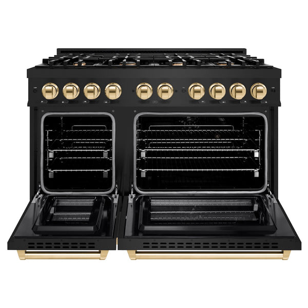 ZLINE Autograph Edition 48 in. 6.7 cu. ft. Select Double Oven Dual Fuel Range with 8 Burner Gas Cooktop in Black Stainless Steel and Polished Gold Accents, Open Box-Great Condition