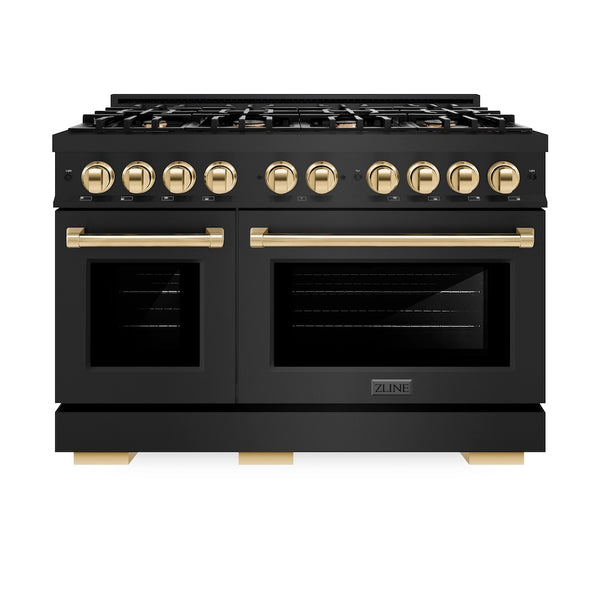 ZLINE Autograph Edition 48 in. 6.7 cu. ft. Select Double Oven Dual Fuel Range with 8 Burner Gas Cooktop in Black Stainless Steel and Polished Gold Accents, Open Box-Great Condition