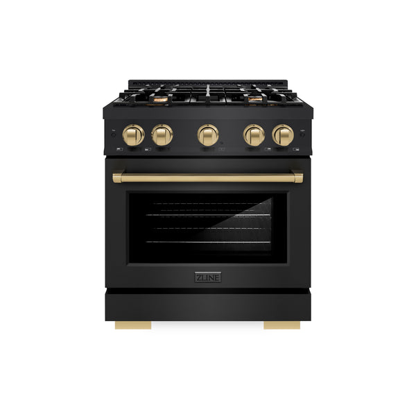 ZLINE Autograph Edition 30 in. 4.2 cu. ft. Select Gas Range with 4 Burner Cooktop and Convection Gas Oven in Black Stainless Steel and Champagne Bronze Accents (HGRBZ-30-CB)