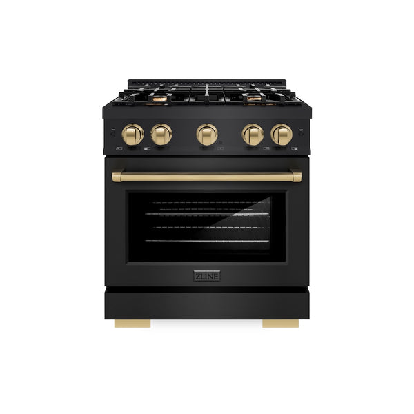 ZLINE Autograph Edition 30 in. 4.2 cu. ft. Select Gas Range with 4 Burner Cooktop and Convection Gas Oven in Black Stainless Steel and Champagne Bronze Accents, Open Box-Great Condition