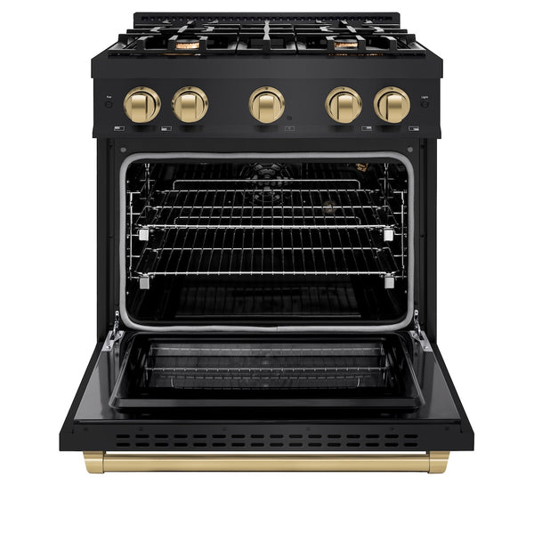 ZLINE Autograph Edition 30 in. 4.2 cu. ft. Select Gas Range with 4 Burner Cooktop and Convection Gas Oven in Black Stainless Steel and Champagne Bronze Accents, Open Box-Great Condition