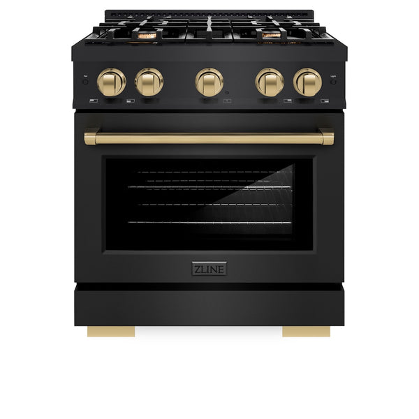 ZLINE Autograph Edition 30 in. 4.2 cu. ft. Select Gas Range with 4 Burner Cooktop and Convection Gas Oven in Black Stainless Steel and Champagne Bronze Accents, Open Box-Great Condition