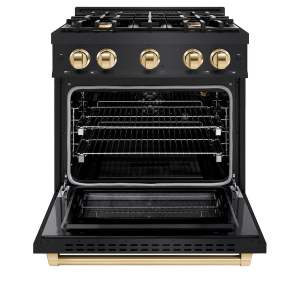 ZLINE Autograph Edition 30 in. 4.2 cu. ft. Select Gas Range with 4 Burner Cooktop and Convection Gas Oven in Black Stainless Steel and Polished Gold Accents, Open Box-Great Condition
