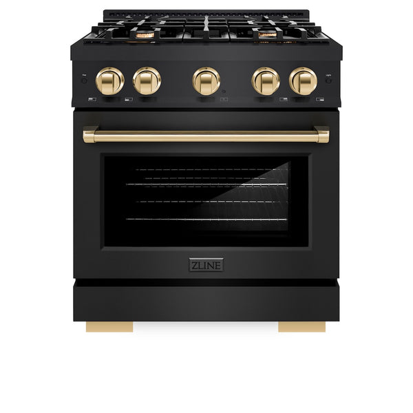 ZLINE Autograph Edition 30 in. 4.2 cu. ft. Select Gas Range with 4 Burner Cooktop and Convection Gas Oven in Black Stainless Steel and Polished Gold Accents, Open Box-Great Condition