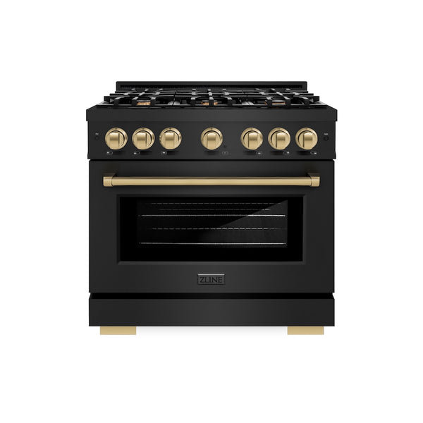 ZLINE Autograph Edition 36 in. 5.2 cu. ft. Select Gas Range with 6 Burner Cooktop and Convection Gas Oven in Black Stainless Steel and Champagne Bronze Accents, Open Box-Great Condition