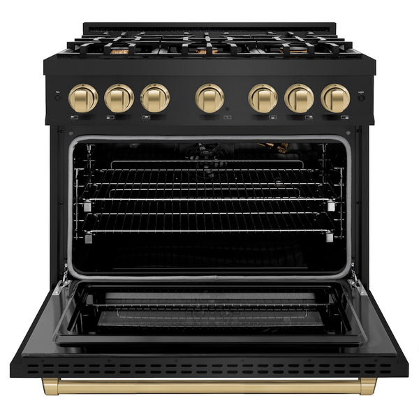 ZLINE Autograph Edition 36 in. 5.2 cu. ft. Select Gas Range with 6 Burner Cooktop and Convection Gas Oven in Black Stainless Steel and Champagne Bronze Accents, Open Box-Great Condition