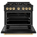 ZLINE Autograph Edition 36 in. 5.2 cu. ft. Select Gas Range with 6 Burner Cooktop and Convection Gas Oven in Black Stainless Steel and Polished Gold Accents, Open Box-Great Condition