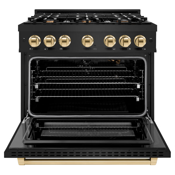 ZLINE Autograph Edition 36 in. 5.2 cu. ft. Select Gas Range with 6 Burner Cooktop and Convection Gas Oven in Black Stainless Steel and Polished Gold Accents, Open Box-Great Condition