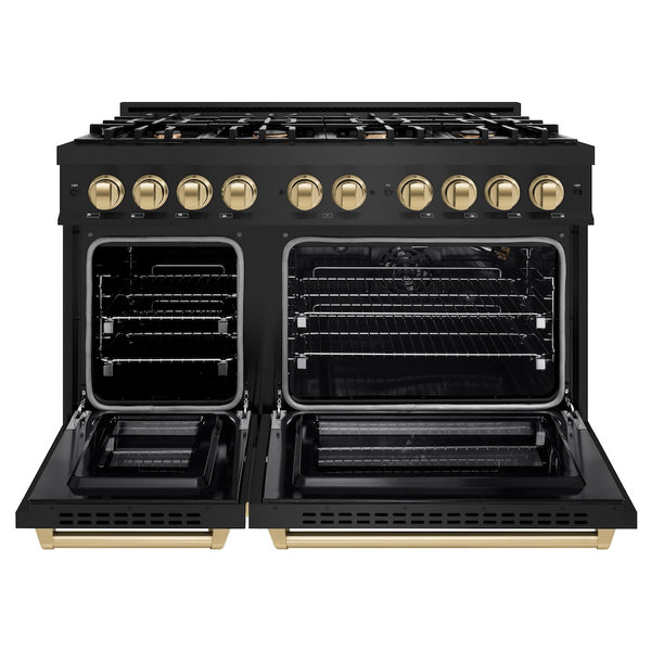 ZLINE Autograph Edition 48 in. 6.7 cu. ft. Select Double Oven Gas Range with 8 Burner Cooktop in Black Stainless Steel and Champagne Bronze Accents, Open Box-Great Condition