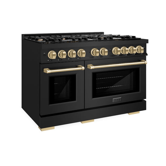 ZLINE Autograph Edition 48 in. 6.7 cu. ft. Select Double Oven Gas Range with 8 Burner Cooktop in Black Stainless Steel and Champagne Bronze Accents, Open Box-Great Condition