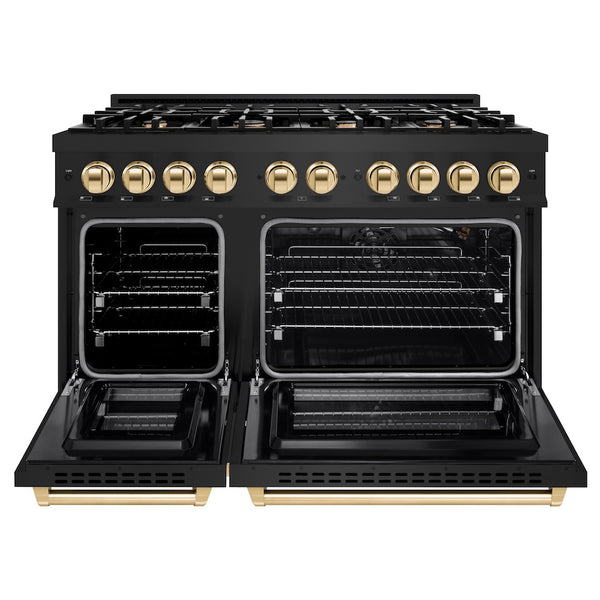 ZLINE Autograph Edition 48 in. 6.7 cu. ft. Select Double Oven Gas Range with 8 Burner Cooktop in Black Stainless Steel and Polished Gold Accents, Open Box-Great Condition