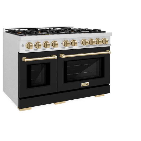 ZLINE Autograph Edition 48 in. 6.7 cu. ft. Select Double Oven Gas Range with 8 Burner Cooktop in DuraSnow® Stainless Steel with Black Matte Doors and Champagne Bronze Accents (HGRSZ-BLM-48-CB)