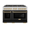 ZLINE Autograph Edition 48 in. 6.7 cu. ft. Select Double Oven Gas Range with 8 Burner Cooktop in DuraSnow® Stainless Steel with Black Matte Doors and Polished Gold Accents (HGRSZ-BLM-48-G)