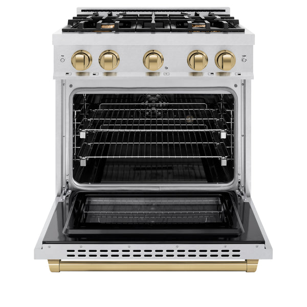 ZLINE Autograph Edition 30 in. 4.2 cu. ft. Select Dual Fuel Range with 4 Burner Gas Cooktop and Electric Convection Oven in DuraSnow® Stainless Steel with Champagne Bronze Accents (HDRSZ-30-CB)