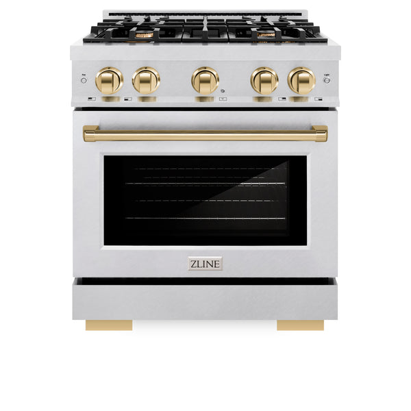 ZLINE Autograph Edition 30 in. 4.2 cu. ft. Select Dual Fuel Range with 4 Burner Gas Cooktop and Electric Convection Oven in DuraSnow® Stainless Steel with Polished Gold Accents (HDRSZ-30-G)