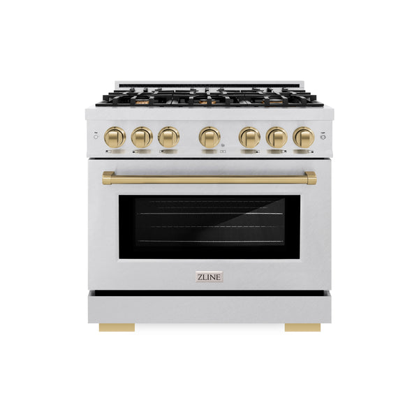 ZLINE Autograph Edition 36 in. 5.2 cu. ft. Select Dual Fuel Range with 6 Burner Gas Cooktop and Electric Convection Oven in DuraSnow® Stainless Steel with Champagne Bronze Accents (HDRSZ-36-CB)