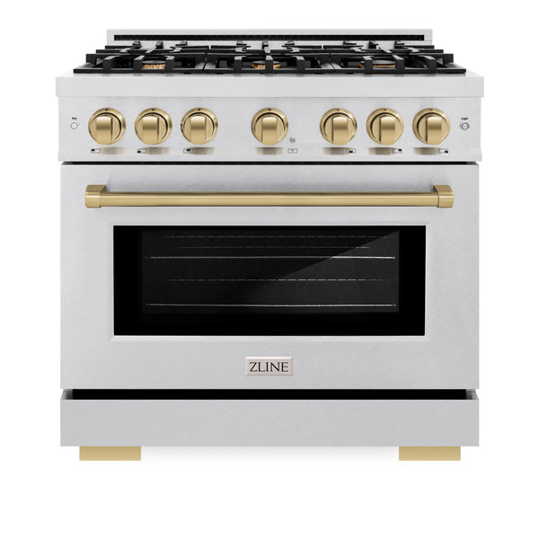 ZLINE Autograph Edition 36 in. 5.2 cu. ft. Select Dual Fuel Range with 6 Burner Gas Cooktop and Electric Convection Oven in DuraSnow® Stainless Steel with Champagne Bronze Accents (HDRSZ-36-CB)