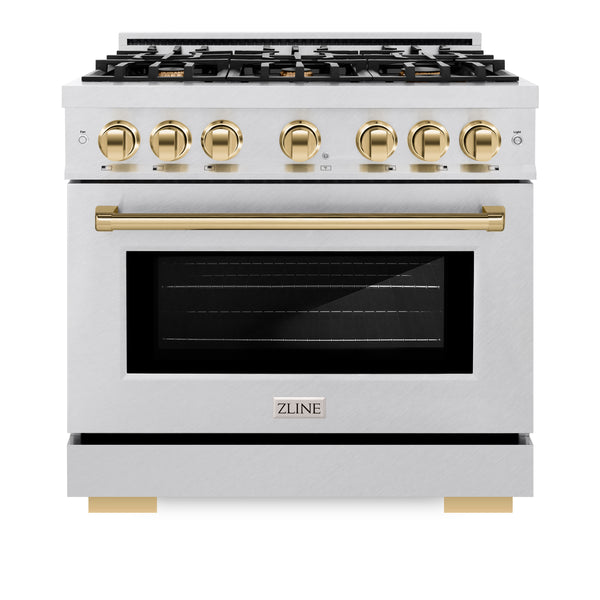 ZLINE Autograph Edition 36 in. 5.2 cu. ft. Select Dual Fuel Range with 6 Burner Gas Cooktop and Electric Convection Oven in DuraSnow® Stainless Steel with Polished Gold Accents (HDRSZ-36-G)