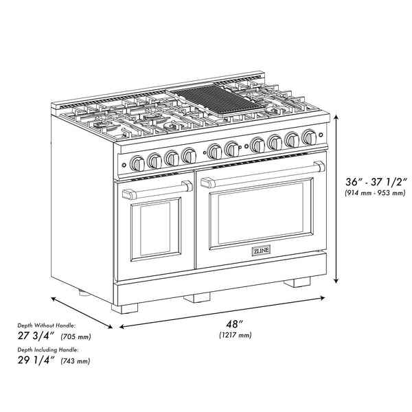 ZLINE Autograph Edition 48 in. 6.7 cu. ft. Select Double Oven Dual Fuel Range with 8 Burner Gas Cooktop in DuraSnow® Stainless Steel and Champagne Bronze Accents (HDRSZ-48-CB)