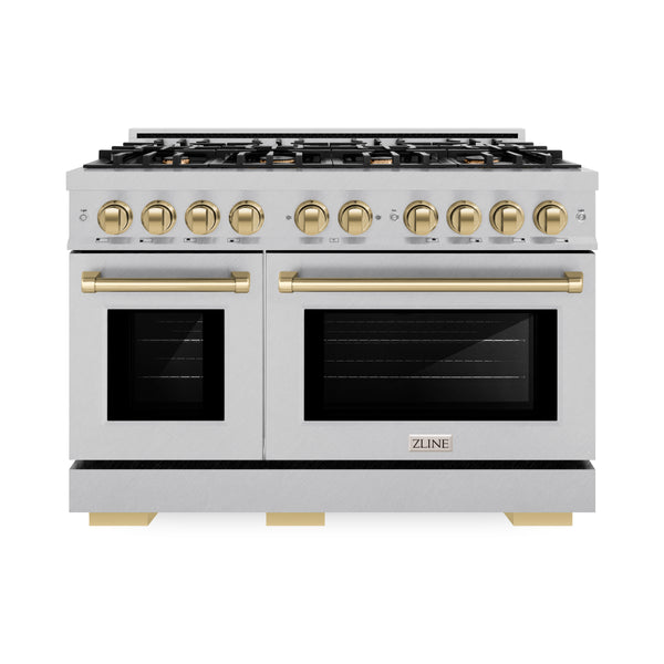 ZLINE Autograph Edition 48 in. 6.7 cu. ft. Select Double Oven Dual Fuel Range with 8 Burner Gas Cooktop in DuraSnow® Stainless Steel and Champagne Bronze Accents (HDRSZ-48-CB)