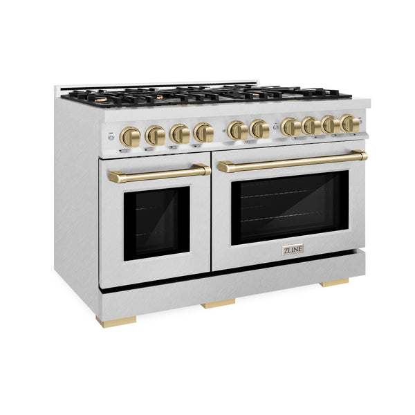 ZLINE Autograph Edition 48 in. 6.7 cu. ft. Select Double Oven Dual Fuel Range with 8 Burner Gas Cooktop in DuraSnow® Stainless Steel and Champagne Bronze Accents (HDRSZ-48-CB)