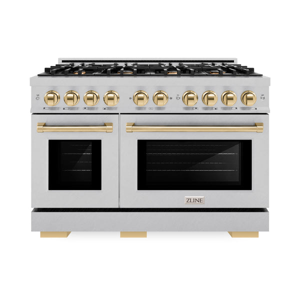 ZLINE Autograph Edition 48 in. 6.7 cu. ft. Select Double Oven Dual Fuel Range with 8 Burner Gas Cooktop in DuraSnow® Stainless Steel and Polished Gold Accents (HDRSZ-48-G)