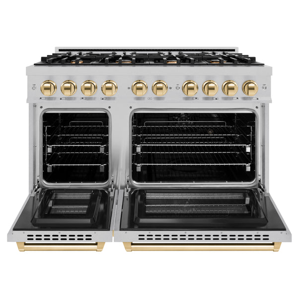 ZLINE Autograph Edition 48 in. 6.7 cu. ft. Select Double Oven Dual Fuel Range with 8 Burner Gas Cooktop in DuraSnow® Stainless Steel and Polished Gold Accents (HDRSZ-48-G)