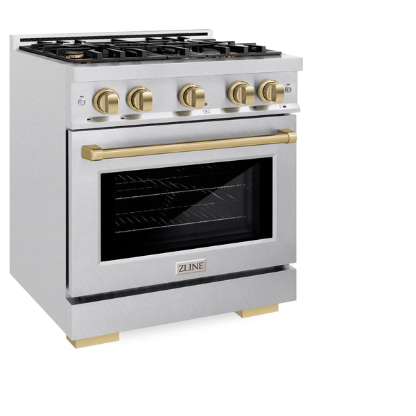 ZLINE Autograph Edition 30 in. 4.2 cu. ft. Select Gas Range with 4 Burner Cooktop and Convection Gas Oven in DuraSnow® Stainless Steel and Champagne Bronze Accents (HGRSZ-30-CB)