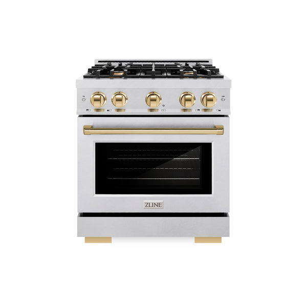 ZLINE Autograph Edition 30 in. 4.2 cu. ft. Select Gas Range with 4 Burner Cooktop and Convection Gas Oven in DuraSnow® Stainless Steel and Polished Gold Accents (HGRSZ-30-G)