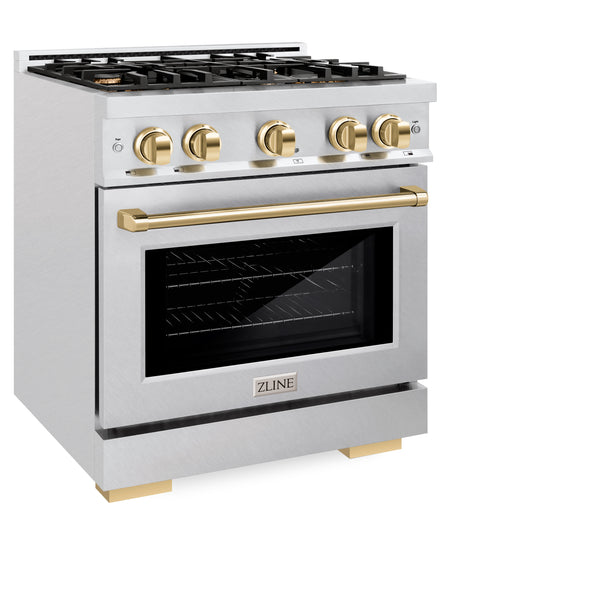 ZLINE Autograph Edition 30 in. 4.2 cu. ft. Select Gas Range with 4 Burner Cooktop and Convection Gas Oven in DuraSnow® Stainless Steel and Polished Gold Accents (HGRSZ-30-G)