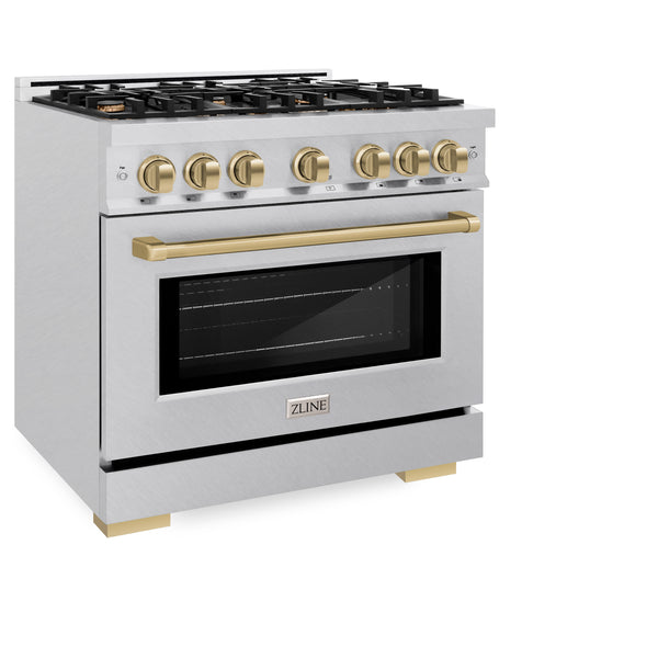 ZLINE Autograph Edition 36 in. 5.2 cu. ft. Select Gas Range with 6 Burner Cooktop and Convection Gas Oven in DuraSnow® Stainless Steel and Champagne Bronze Accents (HGRSZ-36-CB)