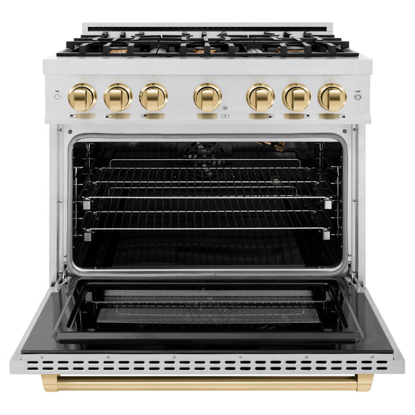 ZLINE Autograph Edition 36 in. 5.2 cu. ft. Select Gas Range with 6 Burner Cooktop and Convection Gas Oven in DuraSnow® Stainless Steel and Polished Gold Accents (HGRSZ-36-G)