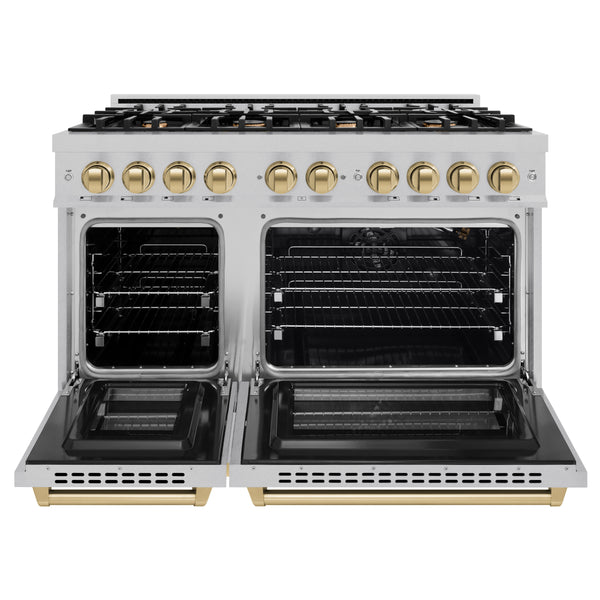 ZLINE Autograph Edition 48 in. 6.7 cu. ft. Select Double Oven Gas Range with 8 Burner Cooktop in DuraSnow® Stainless Steel and Champagne Bronze Accents (HGRSZ-48-CB)