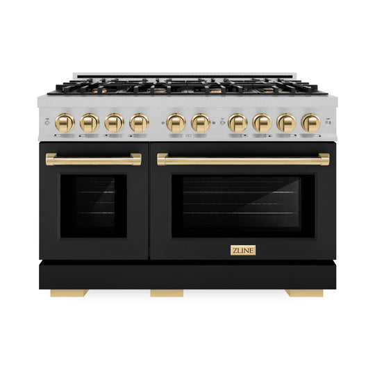 ZLINE Autograph Edition 48 in. 6.7 cu. ft. Select Double Oven Dual Fuel Range with 8 Burner Gas Cooktop in Satin Stainless Steel with Black Matte Doors and Polished Gold Accents (HDRSZ-BLM-48-G)