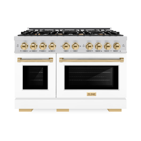 ZLINE Autograph Edition 48 in. 6.7 cu. ft. Select Double Oven Dual Fuel Range with 8 Burner Gas Cooktop in DuraSnow® Stainless Steel with White Matte Doors and Polished Gold Accents (HDRSZ-WM-48-G)