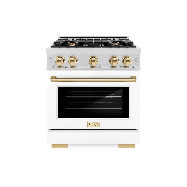 ZLINE Autograph Edition 30 in. 4.2 cu. ft. Select Dual Fuel Range with 4 Burner Gas Cooktop and Electric Convection Oven in DuraSnow® Stainless Steel with White Matte Door and Polished Gold Accents (HDRSZ-WM-30-G)