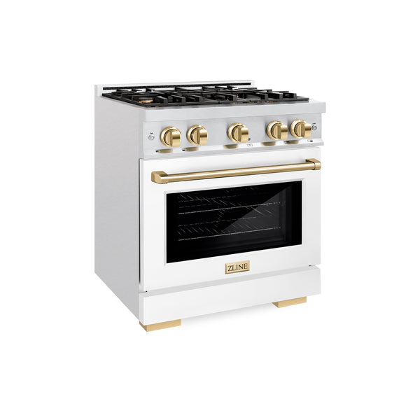 ZLINE Autograph Edition 30 in. 4.2 cu. ft. Select Dual Fuel Range with 4 Burner Gas Cooktop and Electric Convection Oven in DuraSnow® Stainless Steel with White Matte Door and Polished Gold Accents (HDRSZ-WM-30-G)