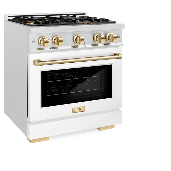 ZLINE Autograph Edition 30 in. 4.2 cu. ft. Select Dual Fuel Range with 4 Burner Gas Cooktop and Electric Convection Oven in DuraSnow® Stainless Steel with White Matte Door and Polished Gold Accents (HDRSZ-WM-30-G)