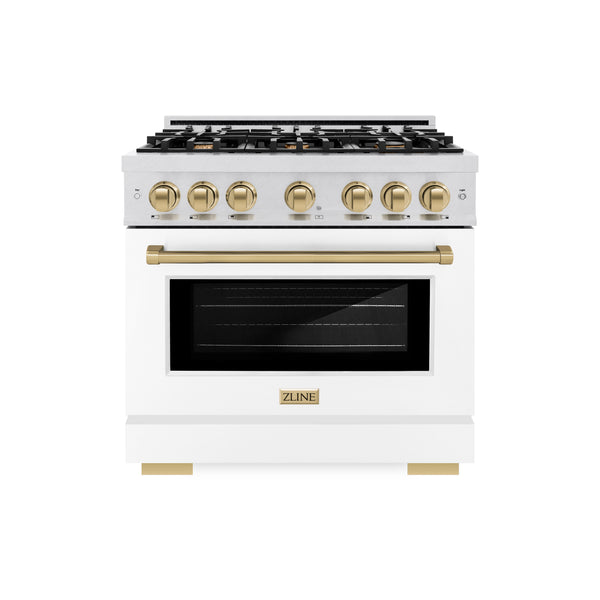 ZLINE Autograph Edition 36 in. 5.2 cu. ft. Select Dual Fuel Range with 6 Burner Gas Cooktop and Electric Convection Oven in DuraSnow® Stainless Steel with White Matte Door and Champagne Bronze Accents (HDRSZ-WM-36-CB)