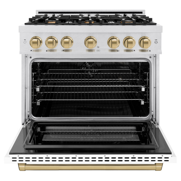 ZLINE Autograph Edition 36 in. 5.2 cu. ft. Select Dual Fuel Range with 6 Burner Gas Cooktop and Electric Convection Oven in DuraSnow® Stainless Steel with White Matte Door and Champagne Bronze Accents (HDRSZ-WM-36-CB)