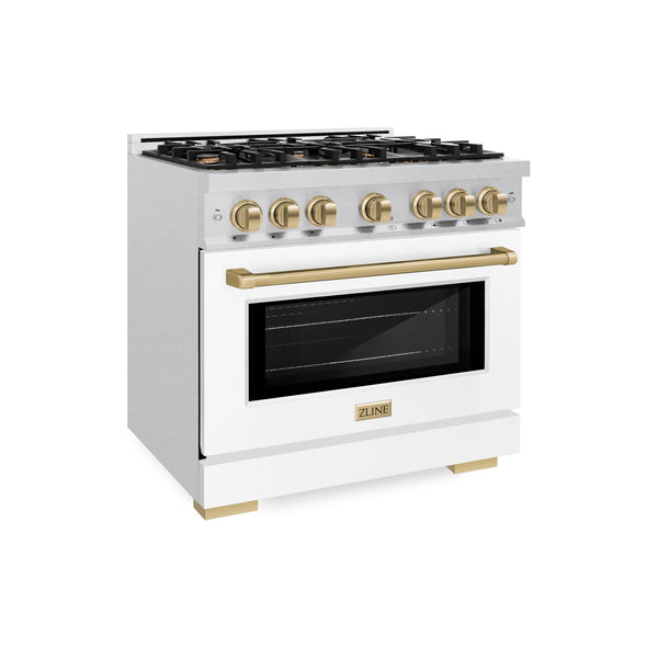 ZLINE Autograph Edition 36 in. 5.2 cu. ft. Select Dual Fuel Range with 6 Burner Gas Cooktop and Electric Convection Oven in DuraSnow® Stainless Steel with White Matte Door and Champagne Bronze Accents (HDRSZ-WM-36-CB)