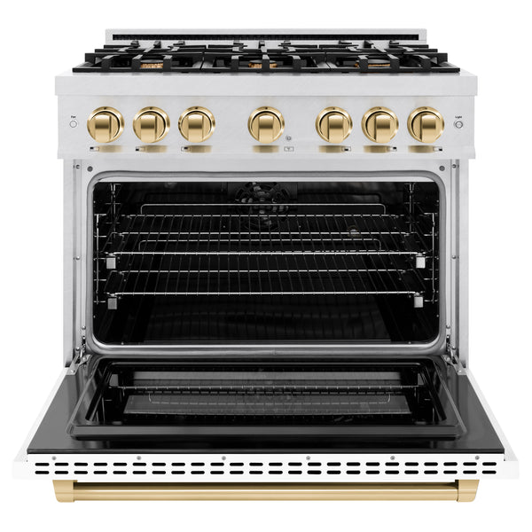 ZLINE Autograph Edition 36 in. 5.2 cu. ft. Select Dual Fuel Range with 6 Burner Gas Cooktop and Electric Convection Oven in DuraSnow® Stainless Steel with White Matte Door and Polished Gold Accents (HDRSZ-WM-36-G)