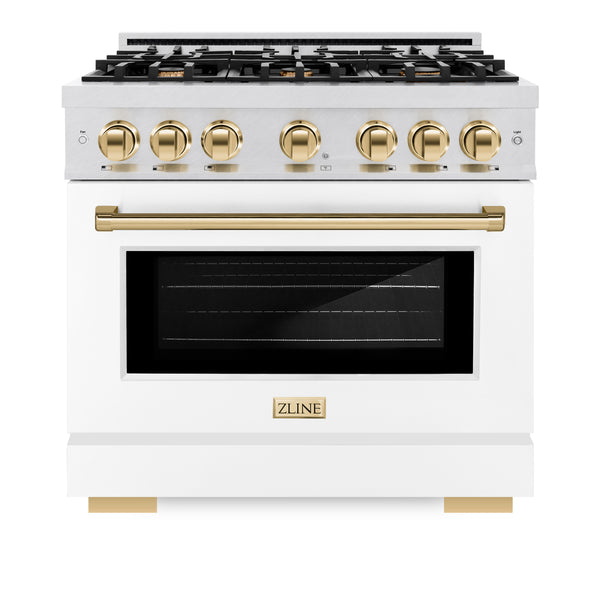 ZLINE Autograph Edition 36 in. 5.2 cu. ft. Select Dual Fuel Range with 6 Burner Gas Cooktop and Electric Convection Oven in DuraSnow® Stainless Steel with White Matte Door and Polished Gold Accents (HDRSZ-WM-36-G)