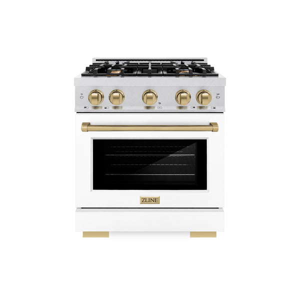 ZLINE Autograph Edition 30 in. 4.2 cu. ft. Select Gas Range with 4 Burner Cooktop and Convection Gas Oven in DuraSnow® Stainless Steel with White Matte Door and Champagne Bronze Accents (HGRSZ-WM-30-CB)