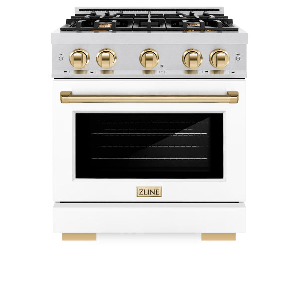 ZLINE Autograph Edition 30 in. 4.2 cu. ft. Select Gas Range with 4 Burner Cooktop and Convection Gas Oven in DuraSnow® Stainless Steel with White Matte Door and Polished Gold Accents (HGRSZ-WM-30-G)